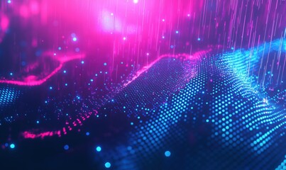 Poster - abstract digital landscape with glowing particles and vibrant colors in pink and blue