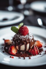 Poster - A sweet treat featuring chocolate and strawberries on a white plate