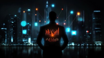 Poster - futuristic city skyline at night with a silhouetted figure standing in the foreground surrounded by 