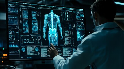 Poster - Doctor Analyzing Digital Human Anatomy XRay Scan on Modern Computer Screen Advanced Medical Technology Futuristic Healthcare Research Diagnostic Image