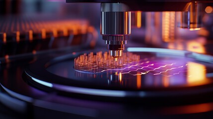 Poster - High Tech Precision Microchip Manufacturing Process Detailed Closeup Shot Advanced Technology Industrial Robotic Arm Precisely Working on a Circuit   