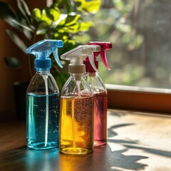 Poster - A couple of bottles of cleaner sitting on a table, perfect for a home office or workshop