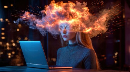 Poster - Young woman wearing virtual reality headset immersed in a futuristic high tech digital environment with dramatic explosion and fire effects