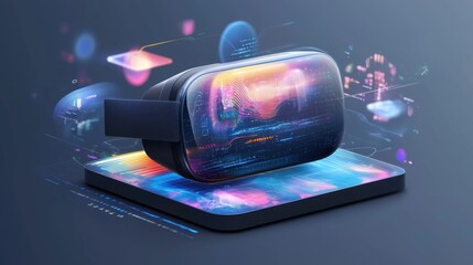 Poster - Futuristic virtual reality headset device on a vibrant colorful digital technological background  Concept of advanced immersive entertainment gaming and multimedia experiences