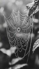 Wall Mural - Glistening Dewdrops on Intricate Spider Web, Macro Black and White Nature Photography