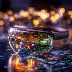 Poster - Futuristic Immersive Virtual Reality Headset Reflecting Vibrant Colorful Glowing Bokeh Lights and Water Puddle   Surreal Abstract and Captivating Digital Art Concept