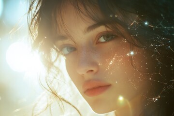 Aufkleber - A portrait of a woman with long dark hair and striking blue eyes