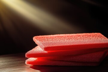 Poster - Red sponges piled high on a rustic wood surface, great for DIY projects or craft displays