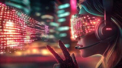 Poster - Woman wearing virtual reality headset immersed in a futuristic neon lit digital environment filled with interactive 3D visuals graphics