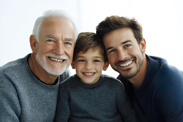 Family portrait featuring three generations of men smiling together in a bright, modern indoor space.