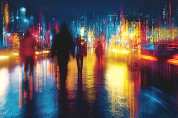 Poster - Silhouetted figures stroll through a vibrant, abstract cityscape at night.  Motion blur evokes a sense of urban energy and dynamism.