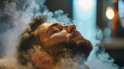 Aufkleber - A man with a beard is immersed in steam, eyes closed, seemingly in a peaceful state of relaxation, surrounded by soft lighting in a cozy setting during the evening hours.