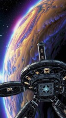 Wall Mural - A futuristic space station rotates gracefully above a brilliantly colored planet. The twilight ambiance enhances the vivid hues of the planet's atmosphere, creating a stunning celestial backdrop.