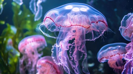 Poster - Colorful jellyfish swimming together in a clear aquarium with calm water