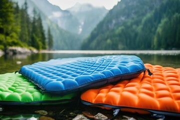 Poster - A sleeping bag on a rocky outcropping near a lake or river, great for outdoor and nature-themed images