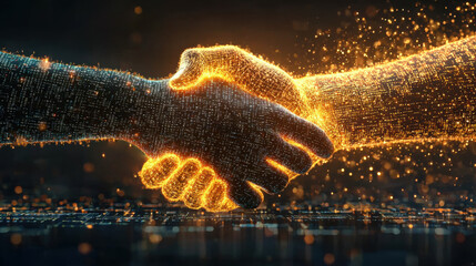 Poster - Glowing digital handshake with light trails and sparks symbolizing a successful corporate partnership business future driven innovation