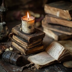 Poster - A single candle sits on top of a stack of books, providing soft light