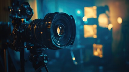 Poster - A close-up shot of a camera mounted on a tripod, ready for use