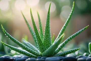 Poster - Close-up shot of water droplets on a leaf or stem, ideal for use in designs about nature, health, and wellness