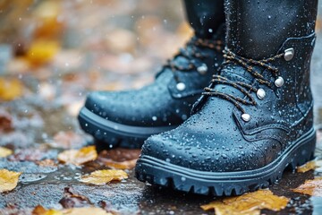 Poster - A person stands in the rain wearing black boots, suitable for weather reports or travel scenes