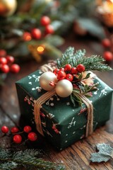 Aufkleber - A colorful gift wrapped in green paper with red and white ornaments, perfect for holiday or celebration scenes