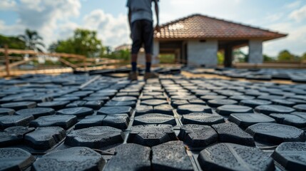 Poster - A construction worker is busy laying hexagonal paving tiles on the unfinished floor of a residential building, surrounded by a clear sky and lush greenery.