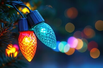 Aufkleber - A close-up view of Christmas tree lights on a branch, ideal for winter or holiday-themed designs