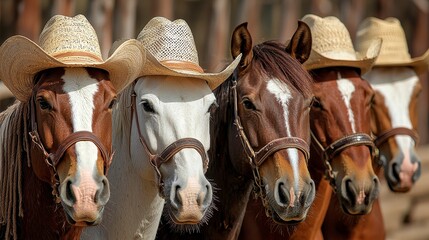 A captivating image featuring a delightful group of horses adorned with charming cowboy hats, standing together in a picturesque scene of nature's beauty, showcasing their unique colors and patterns