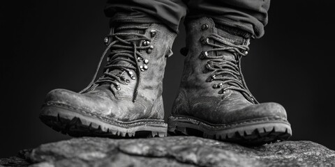 Poster - A close-up shot of a pair of black and white boots, suitable for editorial or creative use