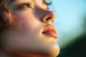 Poster - A close-up view of a woman's face with noticeable freckles, ideal for use in portraits or beauty-related content