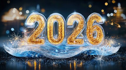 Poster - Celebratory 2026 New Year Fireworks Display at Night with Glittering Reflections on Water Surface  Bright Colorful Sparks and Glitter Creating a Vibrant Festive Atmosphere to Welcome the New Year