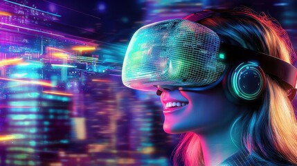 Poster - Young woman wearing virtual reality headset immersed in a bright colorful and futuristic digital cityscape with neon lights and blurred motion