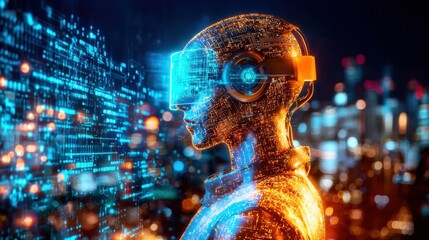 Poster - Futuristic AI powered Cyborg Head Glowing with Digital Data Streams and Tech Symbols in Surreal Sci Fi Concept of advanced intelligence digital consciousness and the of technology with the human mind