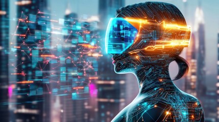 Poster - Futuristic cyborg figure immersed in a glowing high tech digital city landscape  This innovative