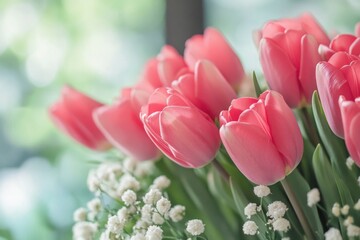 Poster - A bouquet of pink tulips arranged in a vase, perfect for decoration or gift