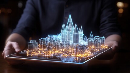 Poster - Futuristic cityscape with holographic skyscrapers and an illuminated urban landscape showcasing the of advanced technology data visualization