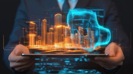 Poster - Futuristic digital cityscape with holographic projection showcasing smart urban development advanced architecture and innovative technology transforming the future of cities and commerce
