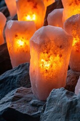 Poster - A group of candles sitting on rocky outcroppings, with a warm and cozy atmosphere