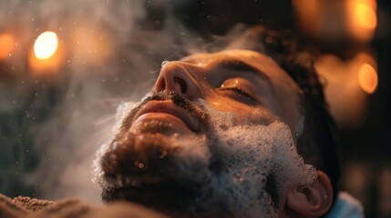 Poster - A man enjoys a relaxing facial treatment, with bubbles and steam surrounding his face. The warm lighting creates a calming ambiance in the spa environment.