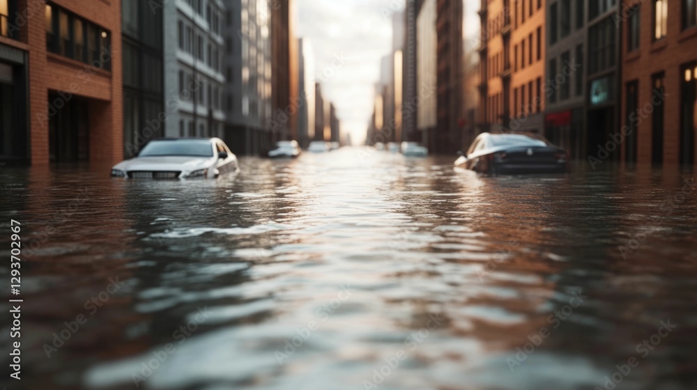 Flooded urban street scene with submerged cars and rising water levels ...
