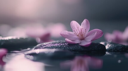 Aufkleber - A single pink flower sits atop a dark rock, highlighting the contrast between the bright bloom and the rocky terrain