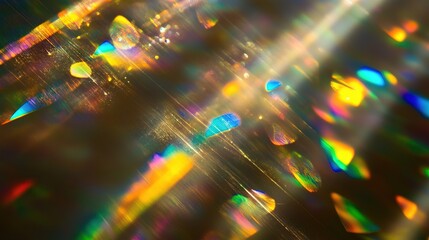 Dreamlike display of rainbow-colored light refraction and scattering, with bright beams and colorful spots created through crystal or glass, illuminated by strong light rays