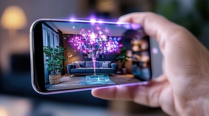 Poster - Captivating image showcasing a futuristic holographic projection displayed on a smartphone screen creating a mesmerizing and ethereal visualization of a glowing