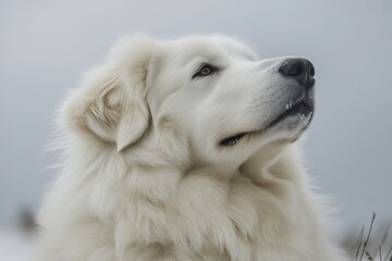 Aufkleber - A large white dog sits in the snow, its fur glistening with moisture