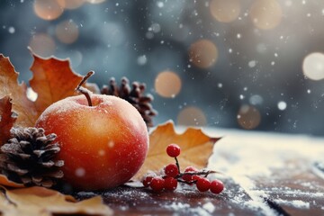 Poster - A single red apple sits atop a wooden table, perfect for still life photography or product displays