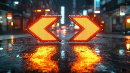 Sticker - Neon arrow signs direct traffic on a wet city street at night