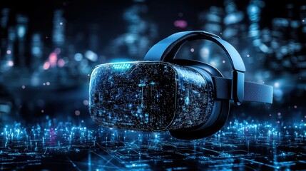 Poster - Futuristic virtual reality headset submerged in a neon lit urban cityscape symbolizing the convergence of cutting edge technology and immersive entertainment