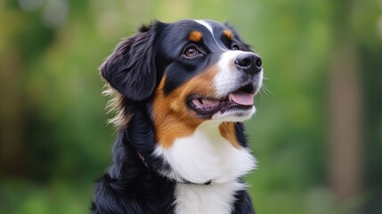 Poster - A black, white, and brown dog showing off its happy expression