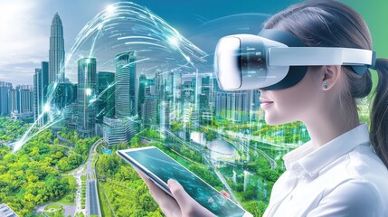 Poster - Woman wearing virtual reality headset immersed in a futuristic digital visualization of a sustainable intelligent and eco friendly smart city landscape with skyscrapers renewable energy