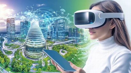 Poster - futuristic virtual reality vision of an intelligent and sustainable smart city landscape with high r